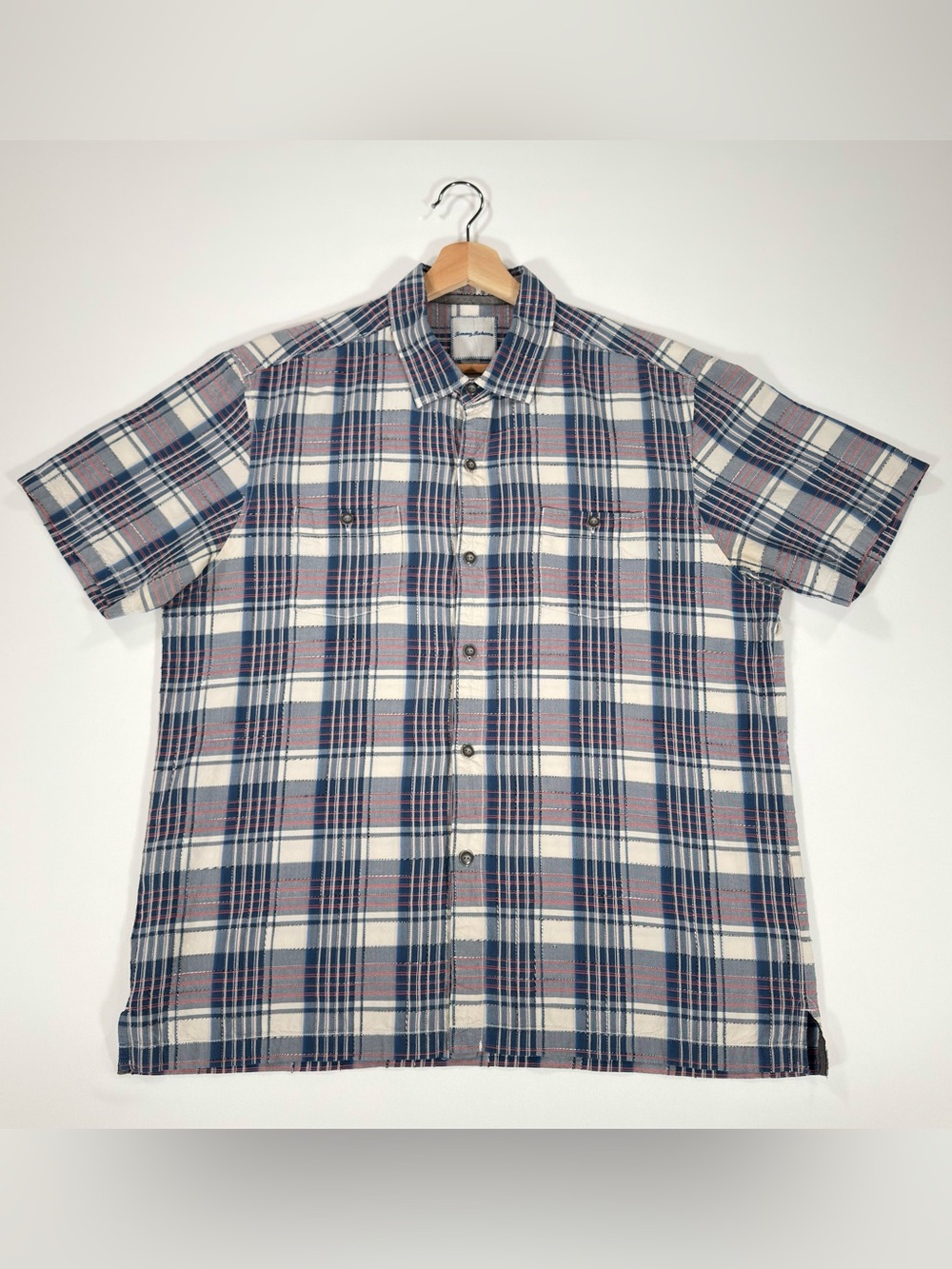 Tommy Bahama Shirt XL Silk Cotton Blue Plaid Stitched Patchwork Short Sleeve